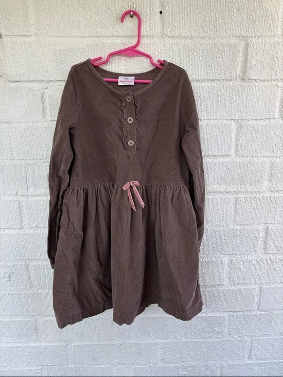 Hanna Andersson Corduroy Brown Long-Sleeve Cotton Dress with Pink Bow sz 9/10 - Picture 4 of 7